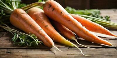 ai génératif. frais de la ferme carotte récolte arrangé astucieusement sur une patiné chêne table - la nature coloré délice photo