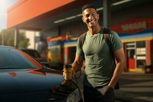 souriant homme avec voiture permanent dans gaz station photo