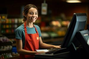 femelle la caissière souriant à le supermarché photo