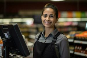 femelle la caissière souriant à le supermarché photo