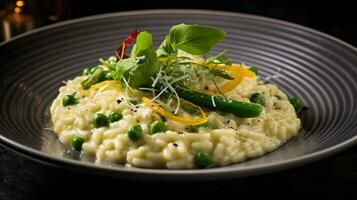 photo de printemps légume Risotto comme une plat dans une haut de gamme restaurant. génératif ai