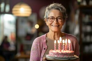 une femme en portant une anniversaire gâteau avec nombreuses bougies sur bokeh style Contexte photo