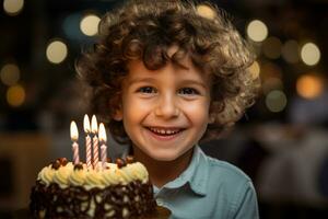 une garçon en portant une anniversaire gâteau avec nombreuses bougies sur bokeh style Contexte photo