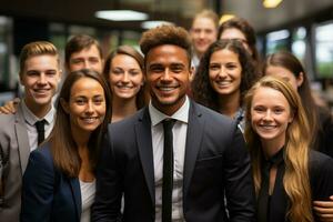 ai génératif groupe de content affaires homme et affaires femmes, habillé dans costume sont souriant, dans le Bureau photo