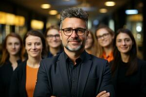 ai génératif groupe de content affaires homme et affaires femmes, habillé dans costume sont souriant, dans le Bureau photo