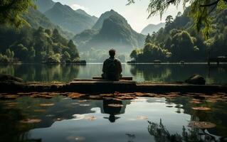 ai génératif une homme pratiquant pleine conscience et méditation dans une paisible Naturel environnement Sony a7s réaliste image, ultra HD, haute conception très détaillé photo