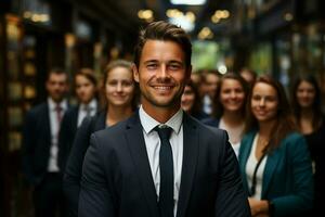 ai génératif groupe de content affaires homme et affaires femmes, habillé dans costume sont souriant, dans le Bureau photo