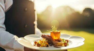 luxe assiette avec apéritifs servi par une serveur à un exquis un événement en plein air, bien à manger, post-traité, génératif ai photo