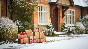 Noël cadeaux livraison, postal un service et vacances présente en ligne achats, enveloppé parcelle des boites sur une pays maison seuil de porte dans une neige hiver, génératif ai photo