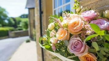 fleur magasin livraison et vacances cadeau postal service, magnifique bouquet de fleurs sur une maison seuil de porte dans le campagne, génératif ai photo