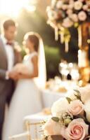 mariage la cérémonie et fête, la mariée et jeune marié à une magnifique Extérieur lieu sur une ensoleillé jour, luxe mariage décor avec fleurs et de mariée bouquet, génératif ai photo