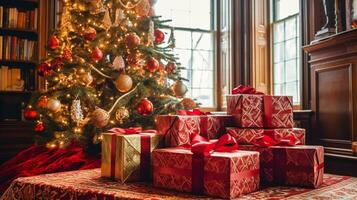 Noël cadeaux, content vacances et vacances fête, enveloppé cadeau des boites, présente et décoré Noël arbre, génératif ai photo