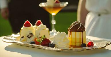 luxe nourriture service, desserts par une serveur à une mariage fête ou formel un événement dans classique Anglais style à luxueux Hôtel ou pays domaine, génératif ai photo