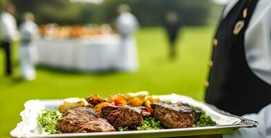 steak servi par une serveur à une luxe un événement en plein air, bien à manger, post-traité, génératif ai photo