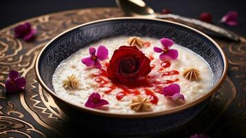 photo de Rose l'eau riz pudding - ros bel laban comme une plat dans une haut de gamme restaurant. génératif ai