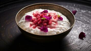 photo de Rose l'eau riz pudding - ros bel laban comme une plat dans une haut de gamme restaurant. génératif ai