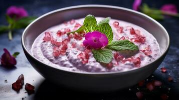 photo de Rose l'eau riz pudding - ros bel laban comme une plat dans une haut de gamme restaurant. génératif ai