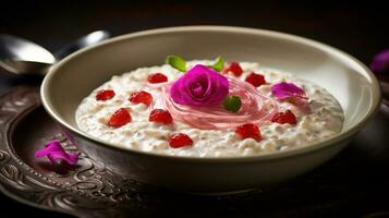 photo de Rose l'eau riz pudding - ros bel laban comme une plat dans une haut de gamme restaurant. génératif ai