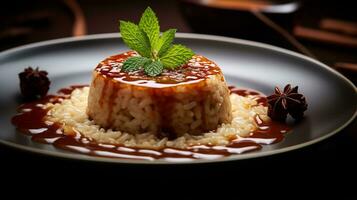 photo de riz et Date pudding - ros bel tamr comme une plat dans une haut de gamme restaurant. génératif ai