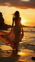 bord de mer sérénité, femme dans blanc robe des promenades sur d'or lever du soleil plage verticale mobile fond d'écran ai généré photo