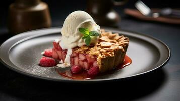 photo de Rhubarbe tarte comme une plat dans une haut de gamme restaurant. génératif ai