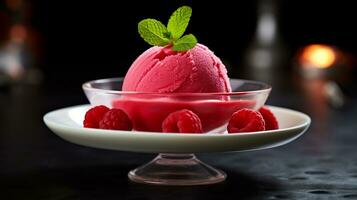 photo de framboise sorbet comme une plat dans une haut de gamme restaurant. génératif ai