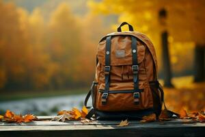 sac à dos et accessoires, astucieusement généré dans ai, ensemble contre l'automne la nature ai généré photo