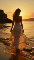 solitude à lever du soleil, Jeune femme dans blanc robe balades sur plage verticale mobile fond d'écran ai généré photo