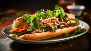 photo de banh mi comme une plat dans une haut de gamme restaurant. génératif ai