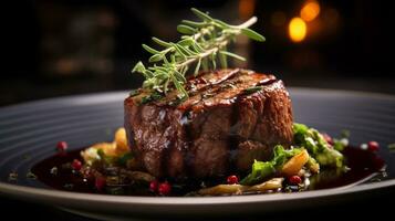 photo de du boeuf filet avec rouge du vin sauce comme une plat dans une haut de gamme restaurant. génératif ai