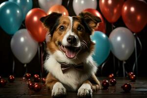 joyeux jack Russel, gâteau, rouge cravate, fête chapeau, des ballons blanc Contexte fête ai généré photo