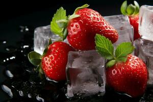 rouge des fraises et glacial la glace cubes ensemble contre une texturé, foncé toile de fond ai généré photo