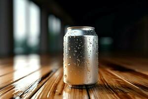 un soda peut, avec couvert de rosée l'eau gouttelettes, est assis gracieusement sur une en bois table ai généré photo