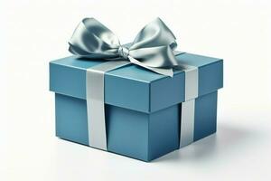dévoilé bleu cadeau boîte, élégant blanc arc, isolé contre parfait blanc Contexte. ai généré photo