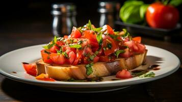 photo de Bruschetta avec Frais tomates comme une plat dans une haut de gamme restaurant. génératif ai