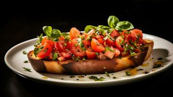 photo de Bruschetta avec Frais tomates comme une plat dans une haut de gamme restaurant. génératif ai