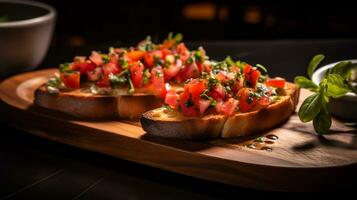 photo de Bruschetta comme une plat dans une haut de gamme restaurant. génératif ai