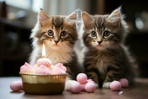 anniversaire curiosité chatons regard fixé sur Chocolat petit gâteau contre une blanc toile de fond ai généré photo