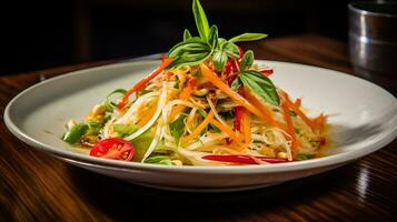 photo de vert Papaye salade comme une plat dans une haut de gamme restaurant. génératif ai