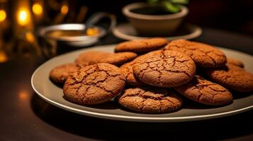 photo de gingembre mélasse biscuits comme une plat dans une haut de gamme restaurant. génératif ai