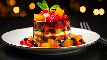 photo de gâteau aux fruits comme une plat dans une haut de gamme restaurant. génératif ai