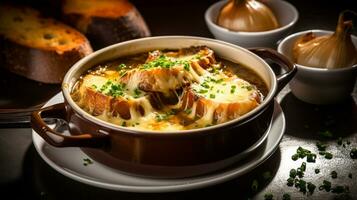 photo de français oignon soupe comme une plat dans une haut de gamme restaurant. génératif ai