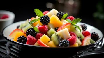 photo de Frais fruit salade comme une plat dans une haut de gamme restaurant. génératif ai