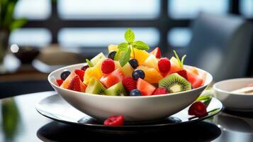 photo de Frais fruit salade comme une plat dans une haut de gamme restaurant. génératif ai