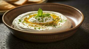 photo de labneh comme une plat dans une haut de gamme restaurant. génératif ai