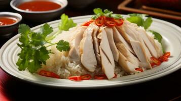 photo de hainanais poulet riz comme une plat dans une haut de gamme restaurant. génératif ai