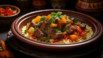 photo de agneau tajine comme une plat dans une haut de gamme restaurant. génératif ai