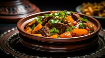 photo de agneau tajine comme une plat dans une haut de gamme restaurant. génératif ai