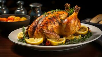 photo de citron herbe rôti poulet comme une plat dans une haut de gamme restaurant. génératif ai