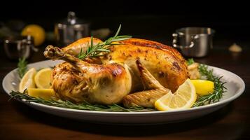 photo de citron herbe rôti poulet comme une plat dans une haut de gamme restaurant. génératif ai